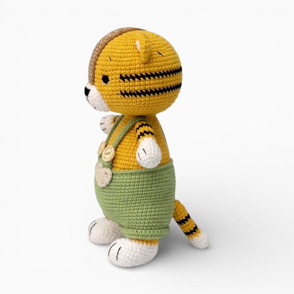 Crochet Tiger Doll in Green Dungarees My Plushie