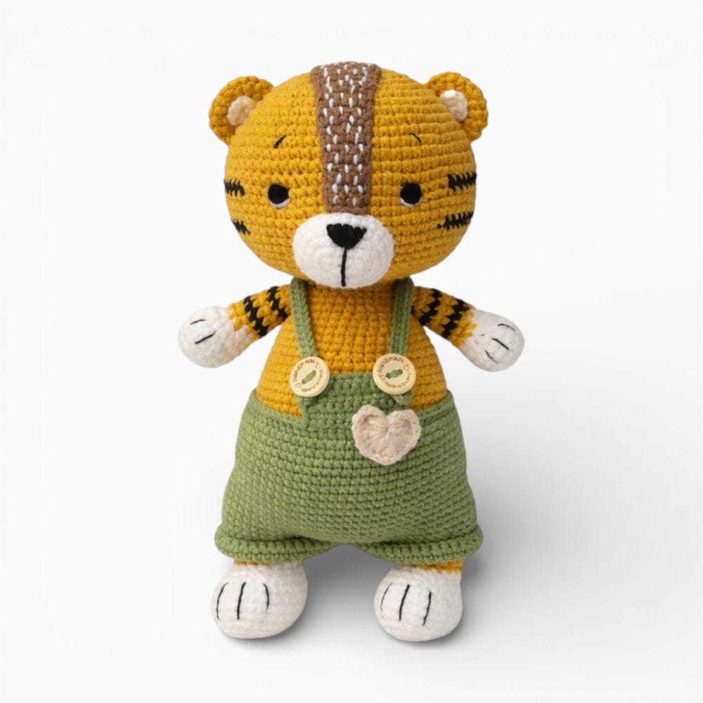 Crochet Tiger Doll in Green Dungarees My Plushie