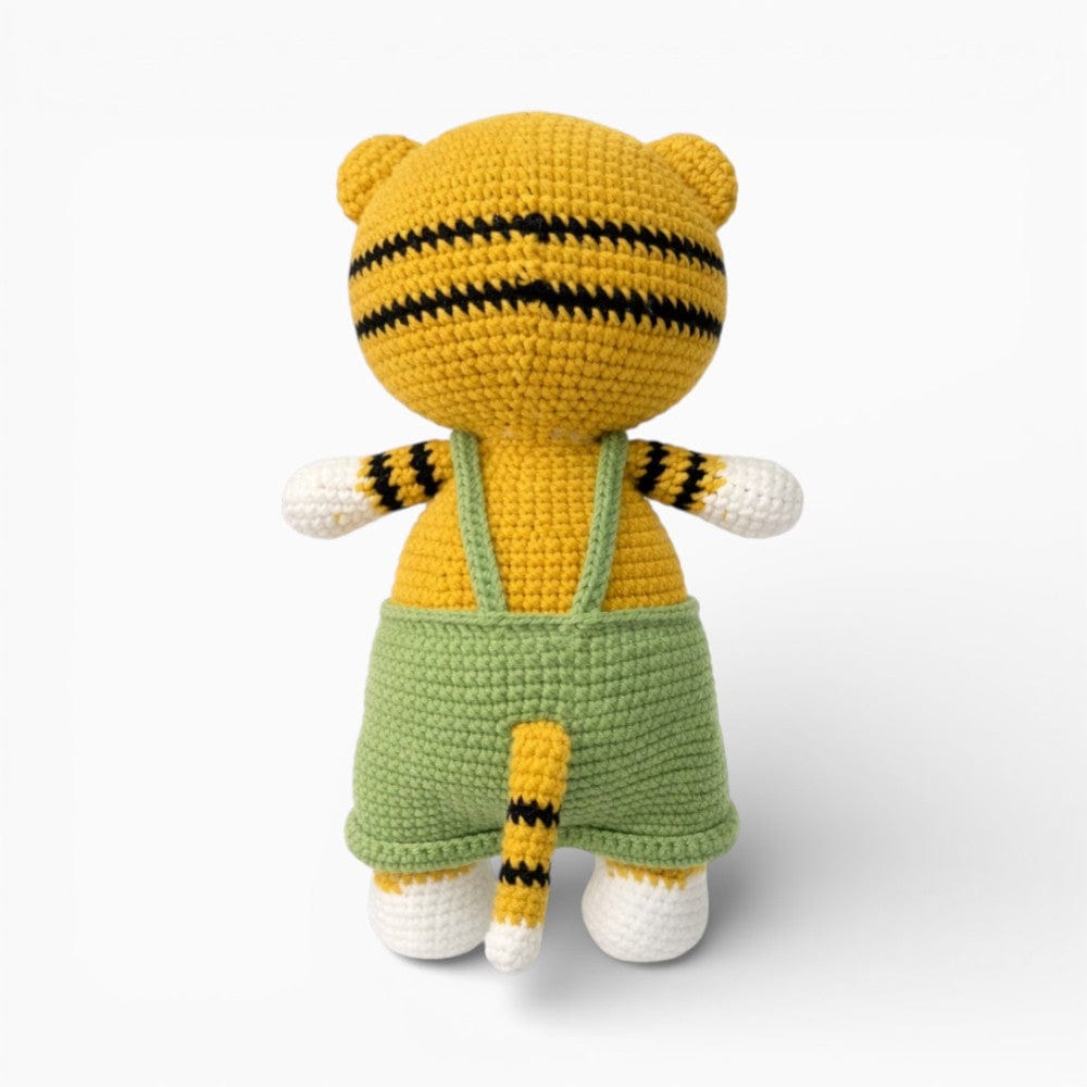 Crochet Tiger Doll in Green Dungarees My Plushie
