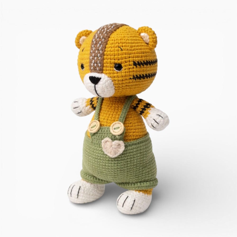 Crochet Tiger Doll in Green Dungarees My Plushie