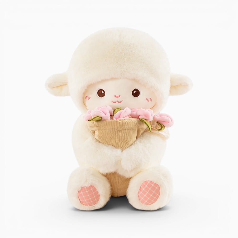 White Lamb Plush with Pink Flowers My Plushie